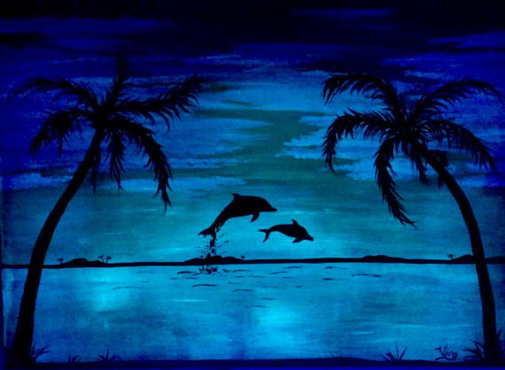 570x418 Dolphin Beach Glow In The Dark Ready To Ship Original Painting - Dolphin Silhouette Painting