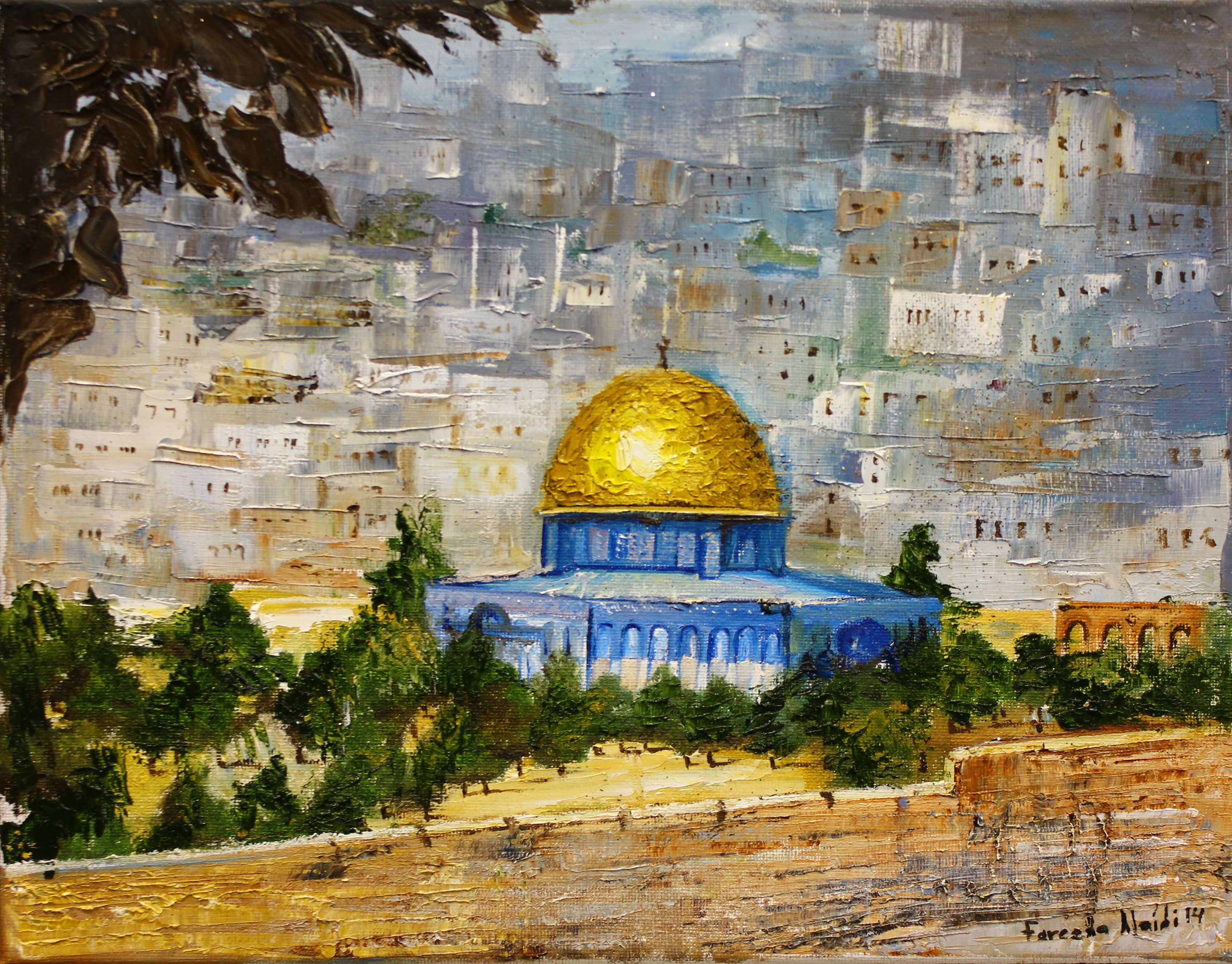 4008x3136 Walking The Dome Of The Rock By Fareeda Alaidi Oil On Panel - Dome Of The Rock Painting