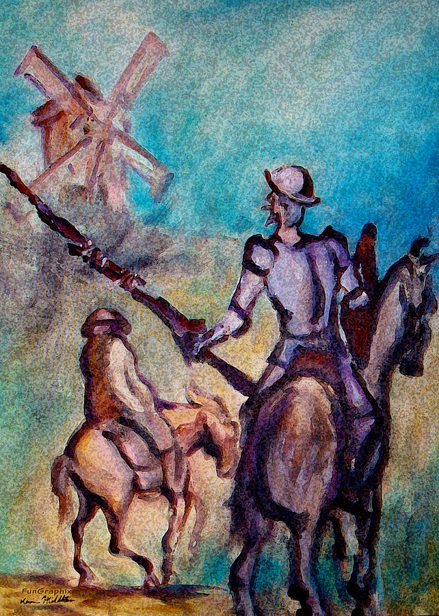 642x900 Don Quixote With Windmill Painting By Kevin Middleton - Don Quixote Painting