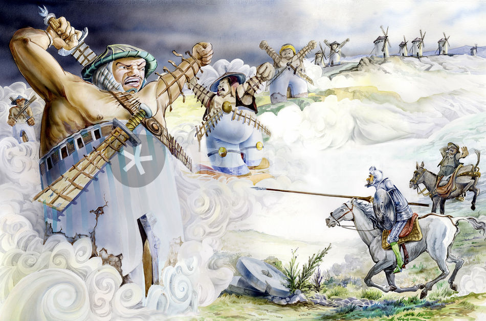 950x628 Don Quixote The Windmills Graphicillustration Art Prints - Don Quixote Windmill Painting