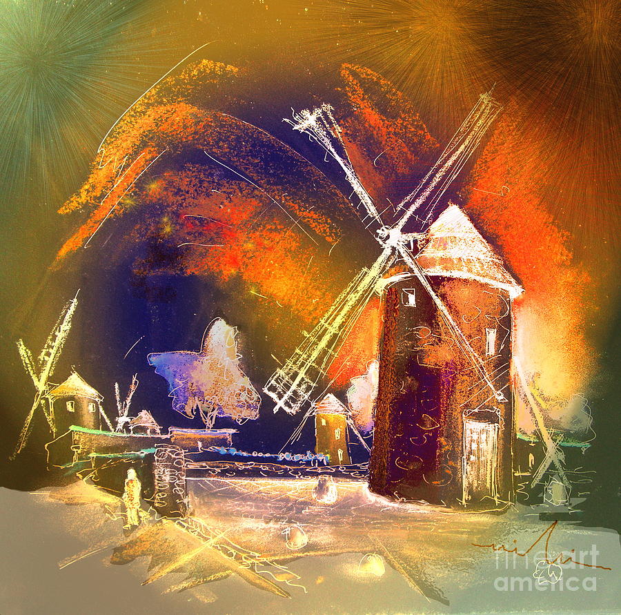 900x891 The Windmills Del Quixote 01 Painting By Miki De Goodaboom - Don Quixote Windmill Painting