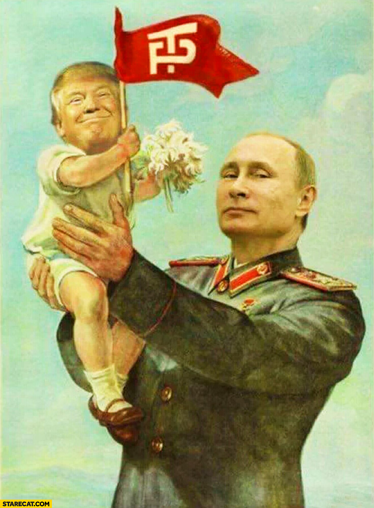 735x999 Putin Holding Baby Donald Trump Photoshopped Painting - Donald Trump Painting