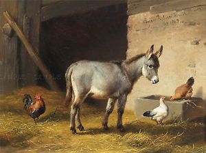 300x224 Painting Animal Verboeckhoven Donkey Chicken Barn Art Print - Donkey Painting