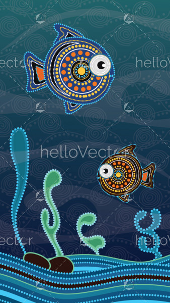 338x600 Aboriginal Dot Art Painting With Fish Underwater Concept - Dot Art Painting