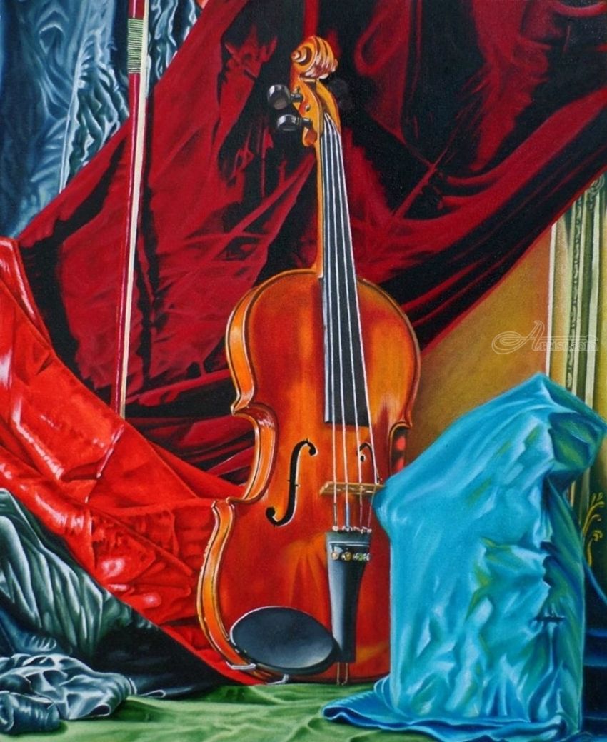 850x1039 Still Nature With Violin And Bow Paintings By Julian Arsenie - Double Bass Painting