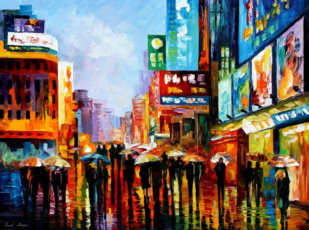 1243x923 Lights Of Downtown Palette Knife Oil Painting On Canvas By - Downtown Painting