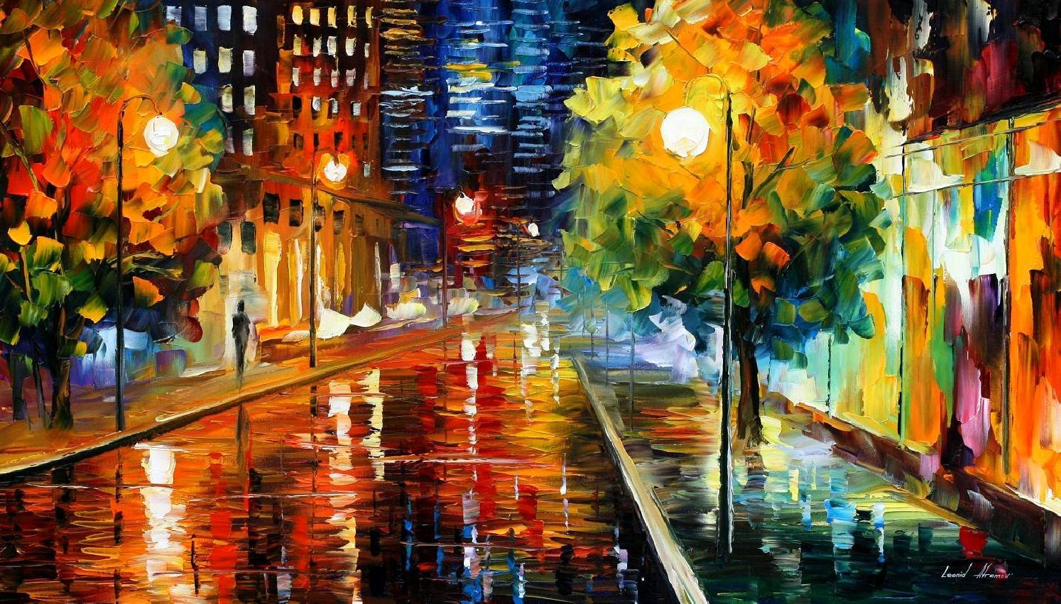 1494x851 Downtown Street Palette Knife Oil Painting On Canvas By Leonid - Downtown Painting