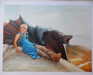 300x242 Game Of Thrones Daenerys Dragon Art Oil On Canvas Painting Huge - Dragon Art Painting