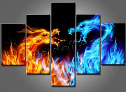 440x320 Framed 5 Panel Large Black And Orange Canvas Painting, Dragon Wall - Dragon Canvas Painting