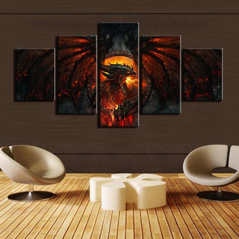 800x800 Framed 5 Pcs World Of Warcraft Fiery Dragon Canvas Art Paintings - Dragon Canvas Painting