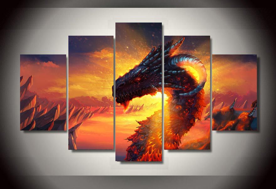 880x604 5 Panels Dragon Group Artwork Multi Canvas Art - Dragon Canvas Painting