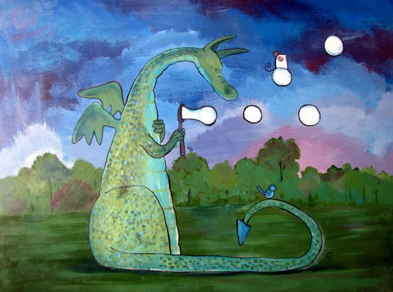 570x424 Large Original Dragon Nursery Wall Art Acrylic Painting Storybook - Dragon Painting For Kids