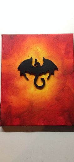236x518 Dragon Raised Silhouette, Melted Crayon Art Painting - Dragon Silhouette Painting