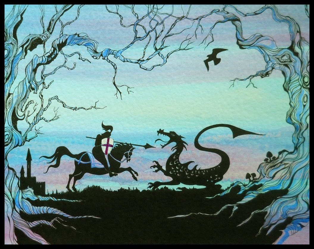 1055x836 Appealing St George And The Dragon Silhouette Print With Blue - Dragon Silhouette Painting