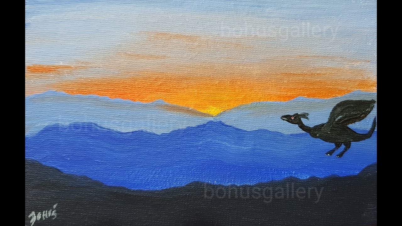 1280x720 Sunset Painting With Dragon And Hills Silhouette - Dragon Silhouette Painting