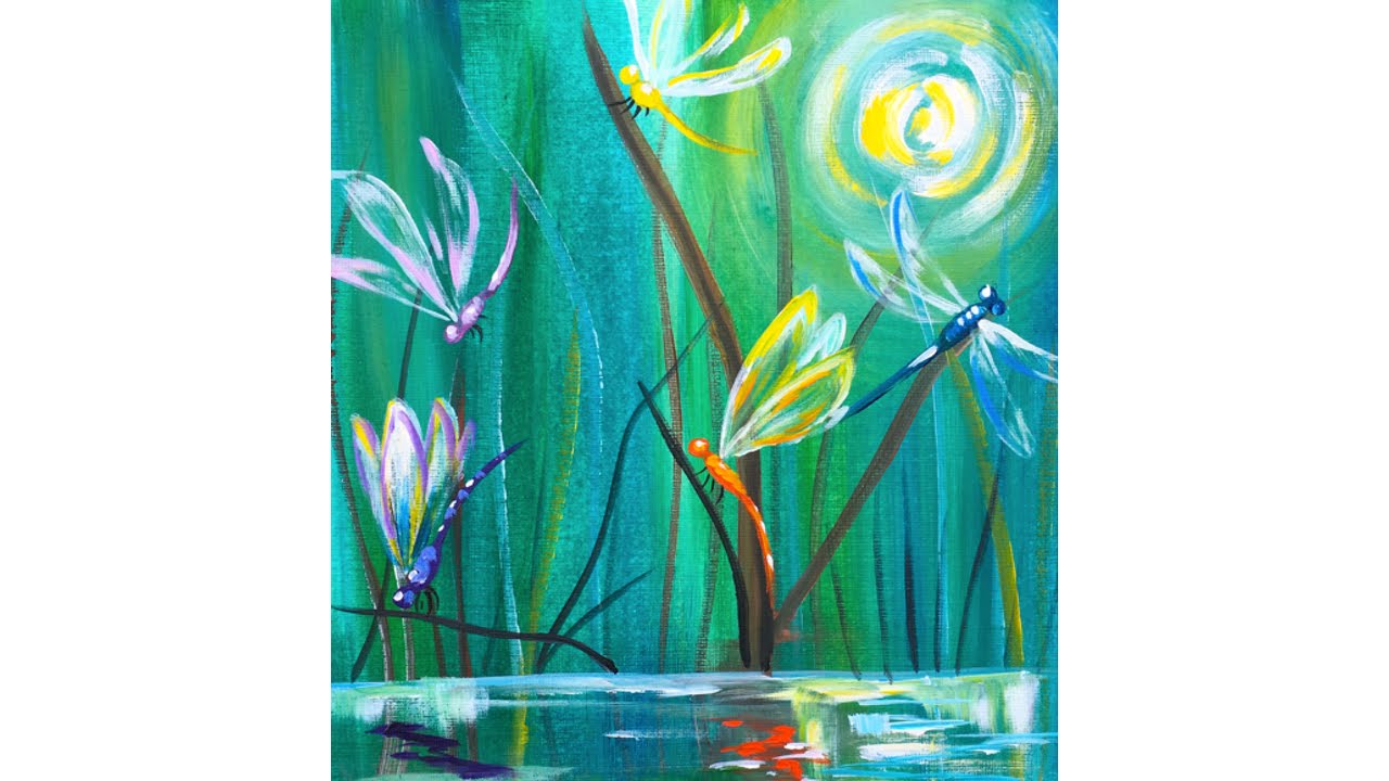 1280x720 Dragonfly Pond Easy Beginner Acrylic Painting Tutorial - Dragonfly Painting