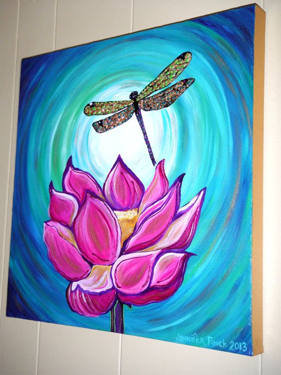 570x760 Lotus Be Free .original Acrylic 18x18 Canvas Painting Jennifer - Dragonfly Painting Canvas
