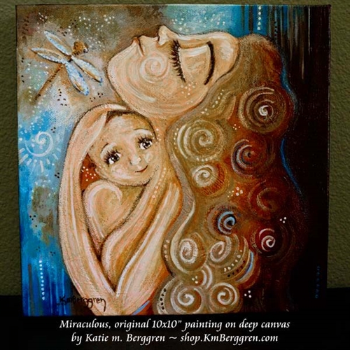 500x500 Original Painting, Mother Curly Hair, Long Hair, Brown, Blonde - Dragonfly Painting Canvas