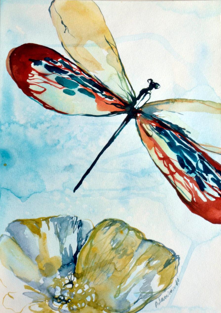 895x1266 Dragonfly Watercolor Original Painting. Contemporary Water Colour - Dragonfly Painting Watercolor