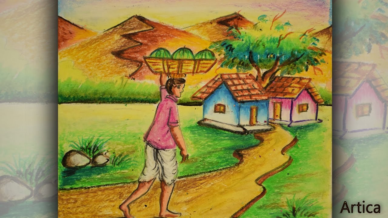 1280x720 How To Draw A Village Landscape With Oil Pastel Oil Pastel - Drawing Painting