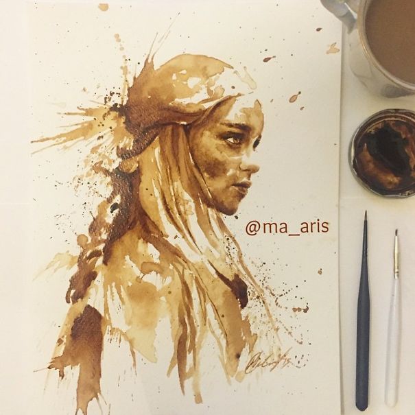 605x605 I Use Coffee To Draw Detailed Paintings Of My Favourite Characters - Drawing Painting