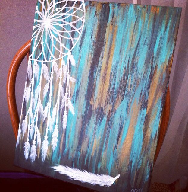 624x636 Hand Painting Acrylic Dream Catcher With Turquoise, Black And Gold - Dream Catcher Painting On Canvas