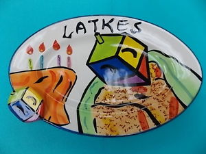 300x225 Judaica David Heger Hanukkah Chanukah Plate Latkes Serving Platter - Dreidel Painting