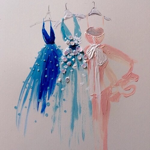 500x500 Art Girl Fashion Dress Painting Blue Pink Posted Watercolor Gown - Dress Painting