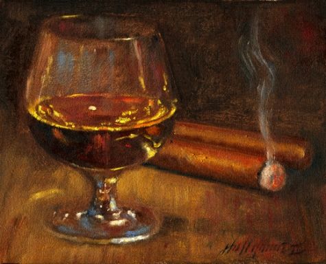 475x384 Whiskey With Cigar, Whiskey Paintings Ii 8 10 In. Original Oil - Drink Painting