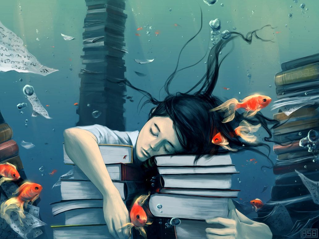 1032x774 A Poignant Photoshop Painting Of A Girl Drowning In Books - Drowning Girl Painting