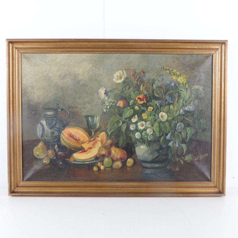781x781 J.b. Dubois Oil Painting Of Still Life With Fruit And Wildflowers - Dubois Painting