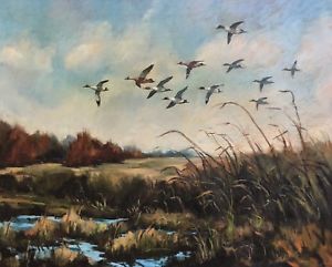 300x241 Vintage Oil Painting Flying Ducks Over Marsh, Waterfowl Duck - Duck Hunting Painting