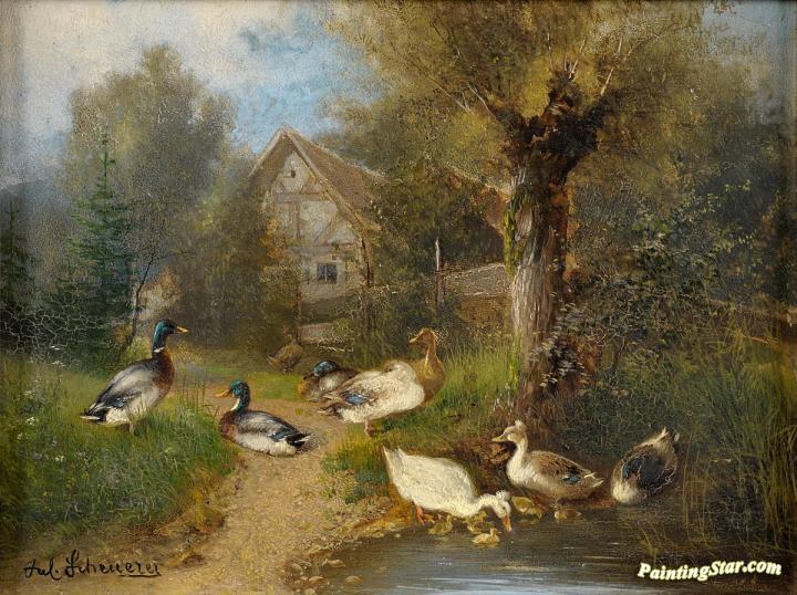 720x538 At The Duck Pond Artwork By Julius Scheuerer Oil Painting Amp Art - Duck Pond Painting