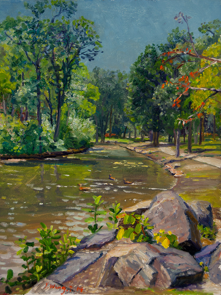 750x1000 Wang Fine Art Duck Pond In The Park, Trees Landscape Oil Painting - Duck Pond Painting