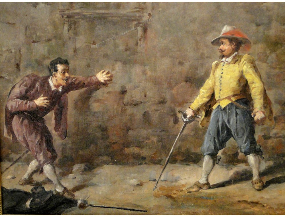 1000x762 Hst Painting Depicting A Battle Of Musketeers, With A Wooden Frame - Duel Painting