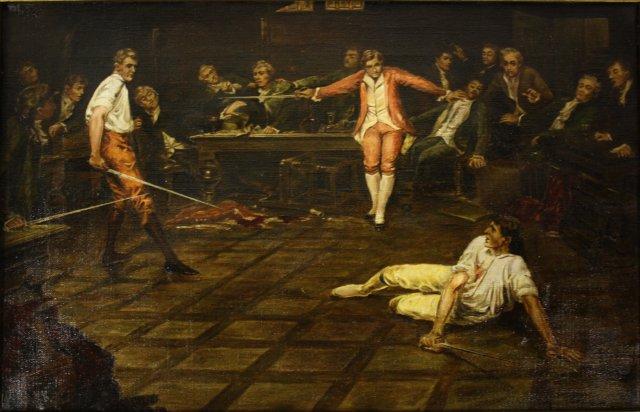 640x412 Oil Painting Signed Harry Franklin Waltman - Duel Painting