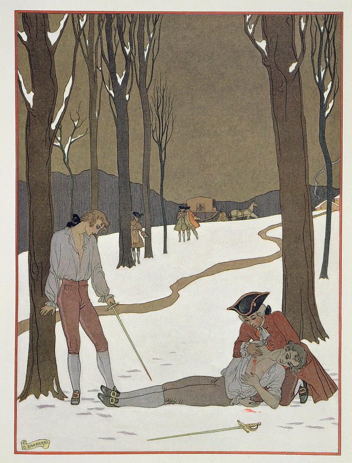 685x900 The Duel Between Valmont And Danceny Painting By Georges Barbier - Duel Painting