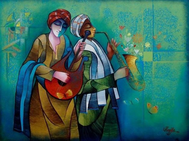 628x470 Musician Duo By Artist Ram Onkar Figurative Art Mixed Media - Duo Painting