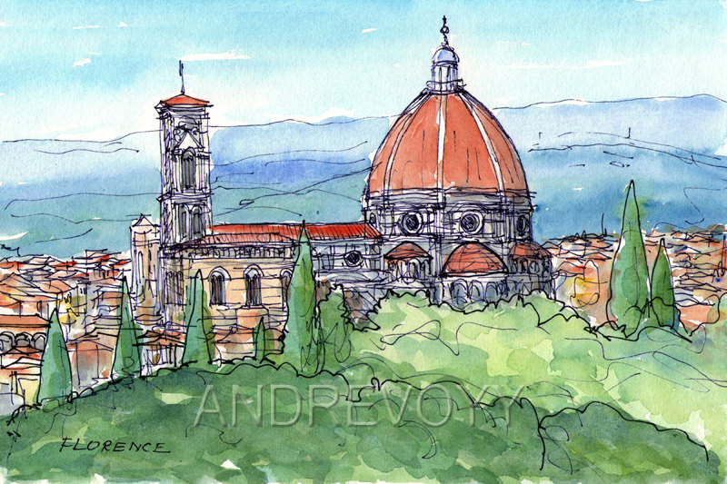 800x533 Florence Duomo Italy Art Print From An Original Watercolor - Duomo Florence Painting