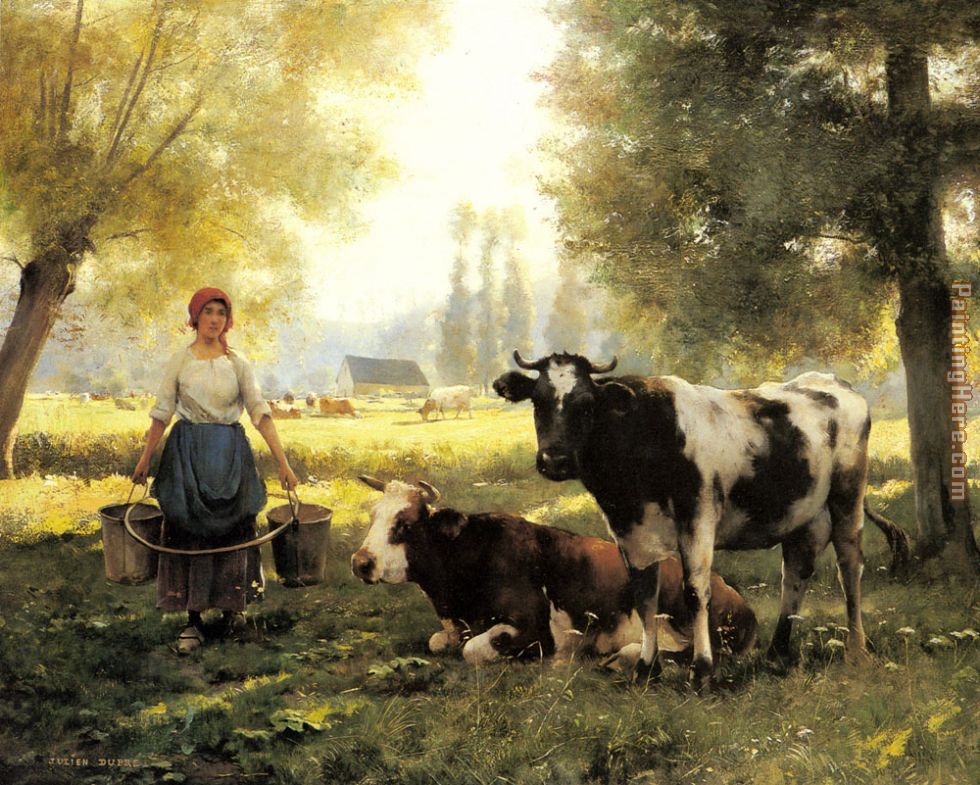 980x785 Julien Dupre A Milkmaid With Her Cows On A Summer Day Painting - Dupre Painting