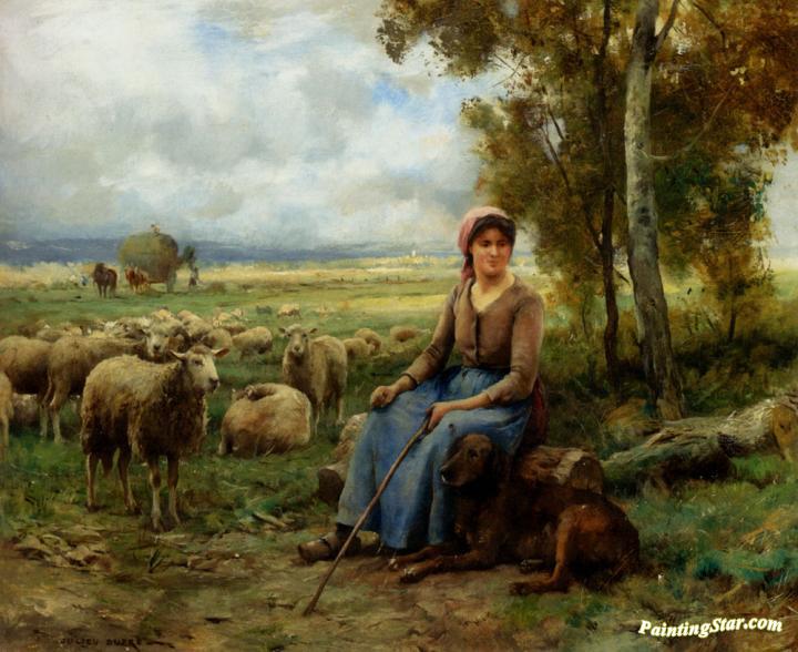 720x588 Shepherdess Watching Over Her Flock Artwork By Julien Dupre Oil - Dupre Painting