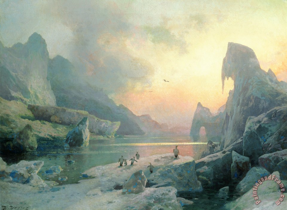 960x704 Herman Herzog Penguins In An Arctic Landscape At Dusk Painting - Dusk Painting
