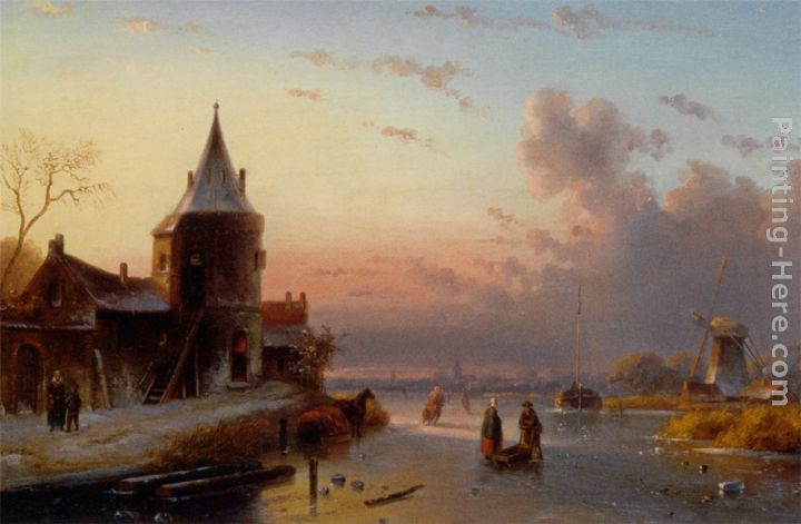 720x471 Charles Henri Joseph Leickert Skaters On A Frozen River - Dusk Painting