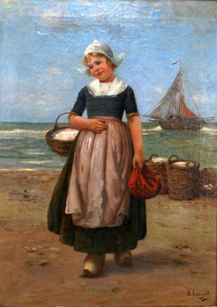 431x610 Edmond Louyot (1861 1920) Young Dutch Girl With A Basket Of Fish - Dutch Girl Painting