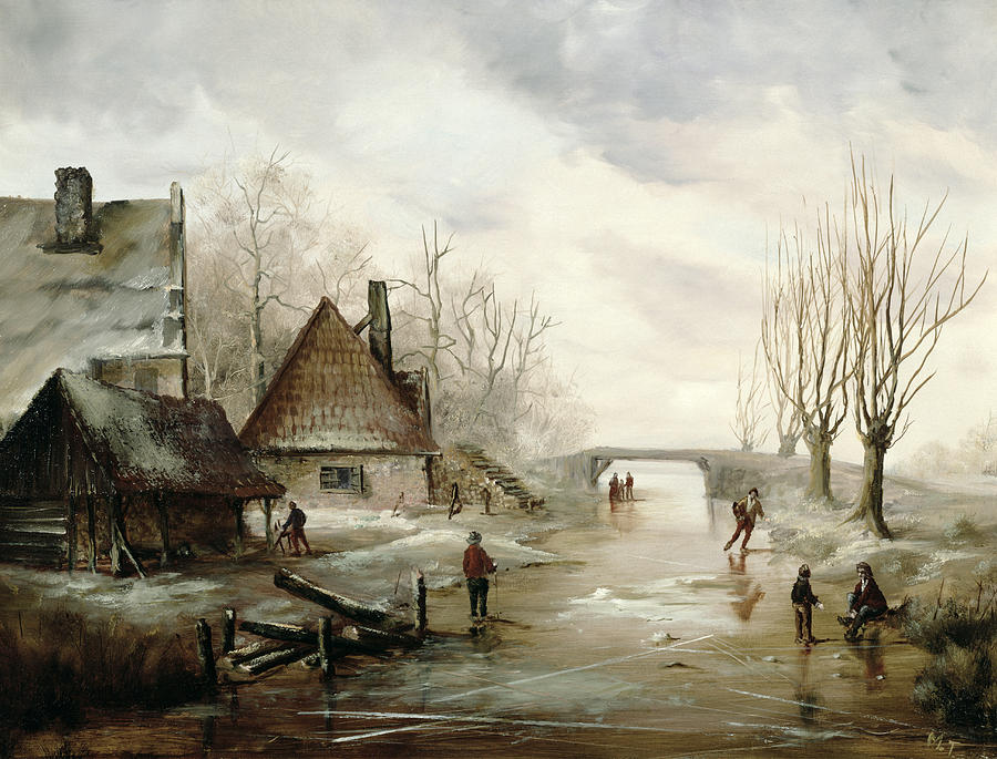 900x685 A Winter Landscape With Figures Skating Painting By Dutch School - Dutch Landscape Painting