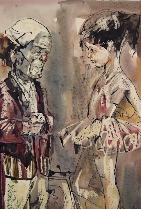 485x720 Vintage Mid Century Watercolor Painting Circus Dwarf W Little Girl - Dwarf Painting