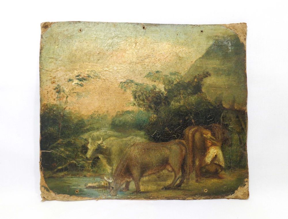 1000x760 19th C Antique New England O Landscape Painting Wcows, River - E Brodsky Cow Painting