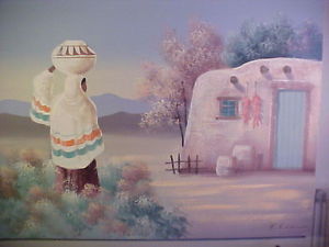300x225 Vintage Signed By Artist E. Lee Painting Titled Return To Pueblo - E Lee Painting