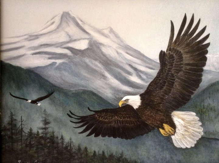 720x538 Fumiko Lyu, American Bald Eagles Flying Mixed Media Original - Eagle Flying Painting