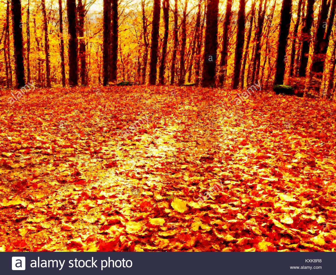 1300x1065 Oil Painting, Brush Strokes. Path Leading Among The Beech Trees - Early Autumn Painting